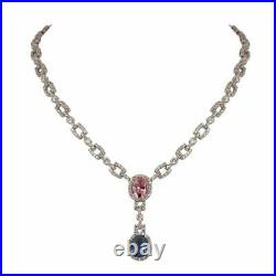 Queen Pink & Light Blue Sapphire With White CZ Chain Link Art Deco Fine Necklace