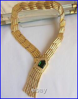 RACHEL ZOE Crystal Art Deco Fringe Necklace Green Clear Goldtone Est Retail $525