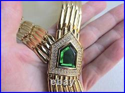 RACHEL ZOE Crystal Art Deco Fringe Necklace Green Clear Goldtone Est Retail $525