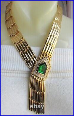 RACHEL ZOE Crystal Art Deco Fringe Necklace Green Clear Goldtone Est Retail $525