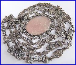 Rare Antique Art Deco Fishel Nessler Sterling Silver Carved Rose Quartz Necklace
