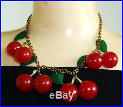 RARE Art Deco Red Bakelite CHERRIES & Green Celluloid Leaves Vintage Necklace