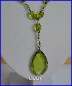 RARE Art Deco peridot green crystal lavalier necklace drop pendant brass links