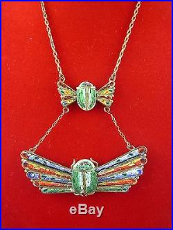 RARE! Egyptian Revival Art Deco 1920's Micro Mosaic SCARAB Lavalier Necklace