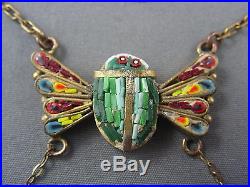 RARE! Egyptian Revival Art Deco 1920's Micro Mosaic SCARAB Lavalier Necklace