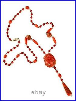 RARE MAX NEIGER Antique 1920's Egyptian Revival ORANGE CZECH GLASS Necklace