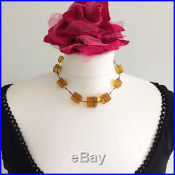 RARE VINTAGE ART DECO 30s GOLD AMBER CZECH GLASS SQUARE CUBE BEADS NECKLACE GIFT
