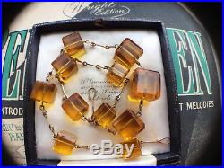 RARE VINTAGE ART DECO 30s GOLD AMBER CZECH GLASS SQUARE CUBE BEADS NECKLACE GIFT