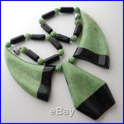 Rare Vintage Art Deco Bonaz Era Signed Green Black Galalith Necklace