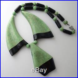 Rare Vintage Art Deco Bonaz Era Signed Green Black Galalith Necklace