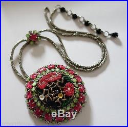 Rare Vintage Schreiner Art Deco Asian Themed Rhinestone Flower Brooch Necklace