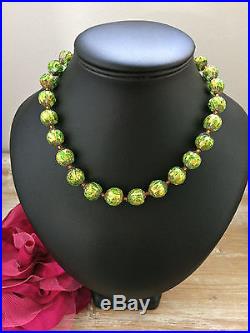 RARE Vintage Art Deco Venetian Murano Green Gold Foil Aventurine Beads Necklace