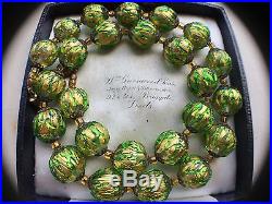 RARE Vintage Art Deco Venetian Murano Green Gold Foil Aventurine Beads Necklace