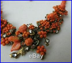 RARE Vintage Miriam Haskell Coral Bead Rhinestone Choker Necklace Art Deco