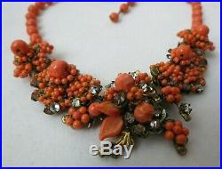 RARE Vintage Miriam Haskell Coral Bead Rhinestone Choker Necklace Art Deco