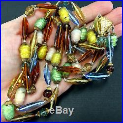 RARE! Vtg Multi-Strand Venetian Glass Bead Multicolor ART DECO Necklace kk10u