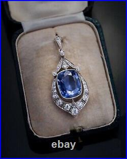Rare 12.47 Ct Ceylon Sapphire Diamond Vintage Art Deco Pendant Necklace