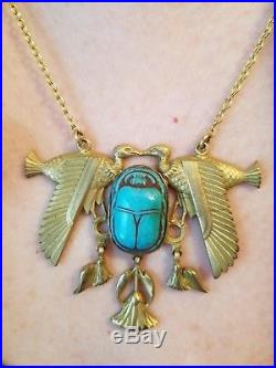 Rare 1920 Egyptian Revival Blue Antique Scarab Necklace Art Deco Jewelry Vintage