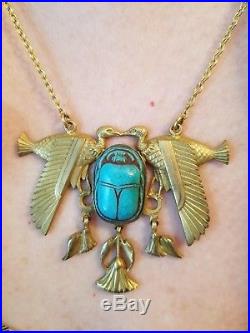 Rare 1920 Egyptian Revival Blue Antique Scarab Necklace Art Deco Jewelry Vintage
