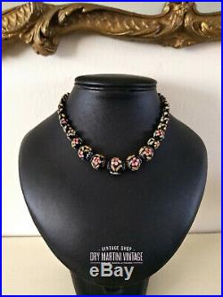Rare Antique Art Deco Bohemian Czech Ballotini Beads Necklace Lacquer Floral