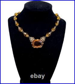 Rare Antique Art Deco Citrine Clr Cut Crystals Necklace Lrg Pendant Choker Brass