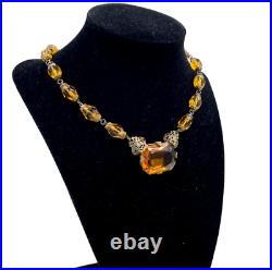 Rare Antique Art Deco Citrine Clr Cut Crystals Necklace Lrg Pendant Choker Brass