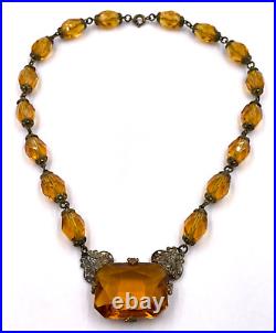 Rare Antique Art Deco Citrine Clr Cut Crystals Necklace Lrg Pendant Choker Brass