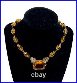 Rare Antique Art Deco Citrine Clr Cut Crystals Necklace Lrg Pendant Choker Brass