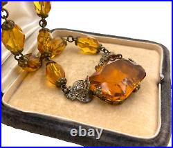 Rare Antique Art Deco Citrine Clr Cut Crystals Necklace Lrg Pendant Choker Brass