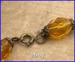 Rare Antique Art Deco Citrine Clr Cut Crystals Necklace Lrg Pendant Choker Brass