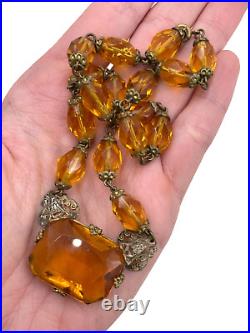 Rare Antique Art Deco Citrine Clr Cut Crystals Necklace Lrg Pendant Choker Brass