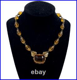 Rare Antique Art Deco Citrine Clr Cut Crystals Necklace Lrg Pendant Choker Brass