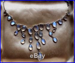 Rare Antique Art Deco Sterling Silver & Natural Blue Moonstones Necklace
