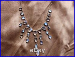 Rare Antique Art Deco Sterling Silver & Natural Blue Moonstones Necklace