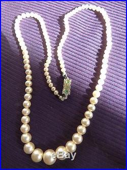 Rare Antique Jewelry Art Deco Real Pearl Necklace Sterling Silver Emerald Clasp