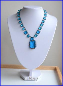 Rare Art Deco Necklace Czech Crystal Turquoise Open Back