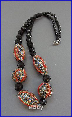 Rare Art Deco Venetian Millefiori Melon and Black Faceted Glass Beads Necklace