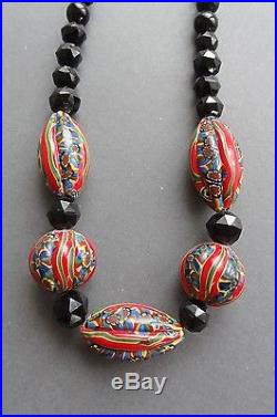 Rare Art Deco Venetian Millefiori Melon and Black Faceted Glass Beads Necklace