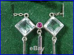 Rare Art Deco White Metal Ruby & Aquamarine Drop lavaliere Necklace Circa 1920's