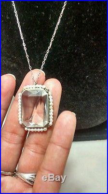 Rare Art Deco emerald cut rock crystal seed pearls pendant necklace