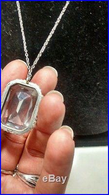 Rare Art Deco emerald cut rock crystal seed pearls pendant necklace