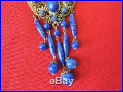 Rare Vintage Art Deco Filigree Lapis Czech Glass Enamel Sautoir Necklacesuperb