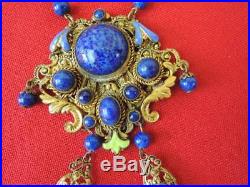 Rare Vintage Art Deco Filigree Lapis Czech Glass Enamel Sautoir Necklacesuperb