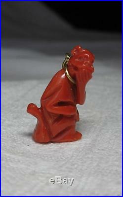 Red Coral Monkey Dog 18K Gold Pendant Charm Art Deco Necklace Antique Chinese