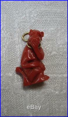 Red Coral Monkey Dog 18K Gold Pendant Charm Art Deco Necklace Antique Chinese