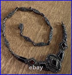 (Repair) Vintage Art Deco Sterling Silver 925 Garnet Marcasite Onyx Necklace