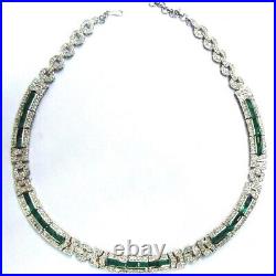 Retro Art Deco Design With Green Emeralds 925 Real Silver White CZ Necklaces