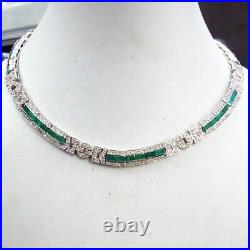 Retro Art Deco Design With Green Emeralds 925 Real Silver White CZ Necklaces