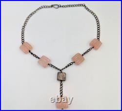 Rose Quartz Sterling Silver Necklace Y-Drop Modernist Art Deco Carved Gemstones