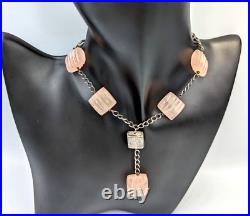 Rose Quartz Sterling Silver Necklace Y-Drop Modernist Art Deco Carved Gemstones